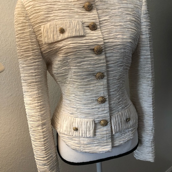 Ivory Jacket w/ rhinestone buttons w/ textured/ribbed / gathered fabric. - Picture 9 of 9